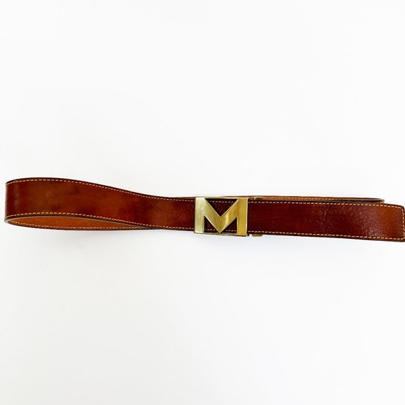 ✨3 for $15✨ M Monogram Brown Leather Belt with Gold Metal M Clasp - Picture 2 of 14
